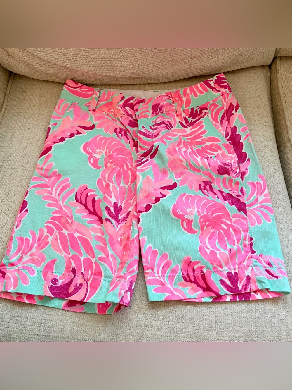Lilly Pulitzer Mint Shorts with Pink Floral Print